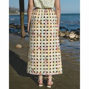 Coco Shop Basket Skirt Yellow Green Floral Grid Squares Check Maxi Shorts XS